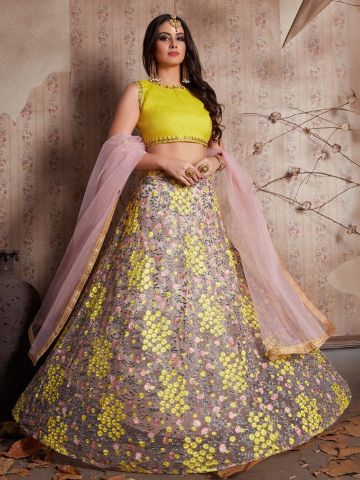 Odette Pink And Yellow Art Silk Embroidered Semi-Stitched Lehenga With Unstitched Blouse For Women