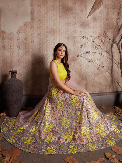 Odette Pink And Yellow Art Silk Embroidered Semi-Stitched Lehenga With Unstitched Blouse For Women