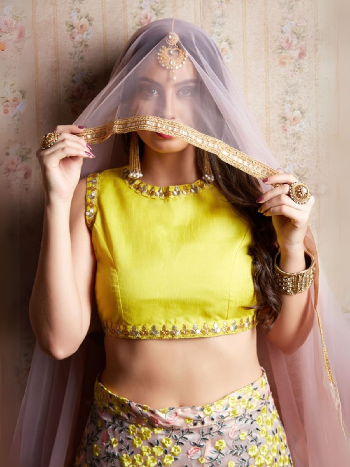 Odette Pink And Yellow Art Silk Embroidered Semi-Stitched Lehenga With Unstitched Blouse For Women