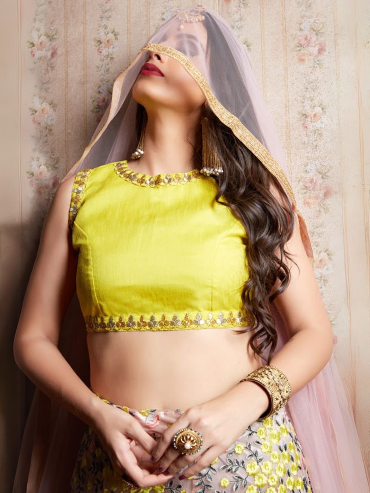 Odette Pink And Yellow Art Silk Embroidered Semi-Stitched Lehenga With Unstitched Blouse For Women