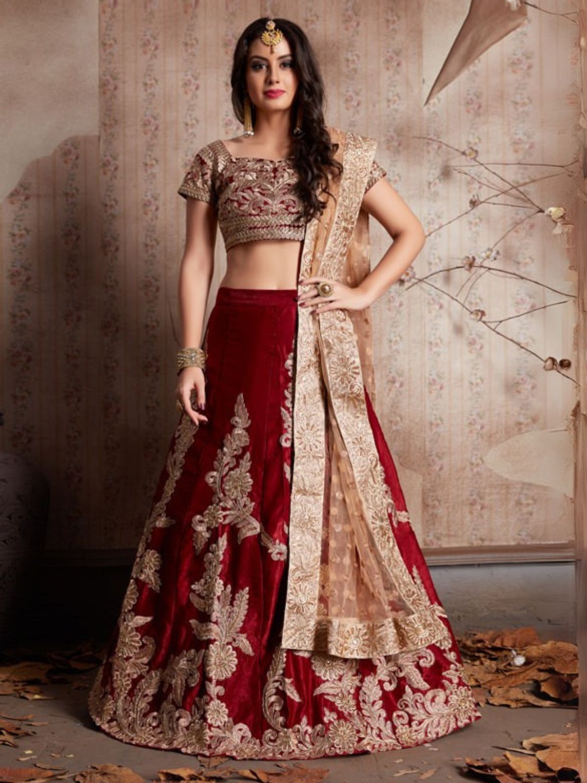 Odette Maroon Velvet Embroidered Semi-Stitched Lehenga With Unstitched Blouse For Women