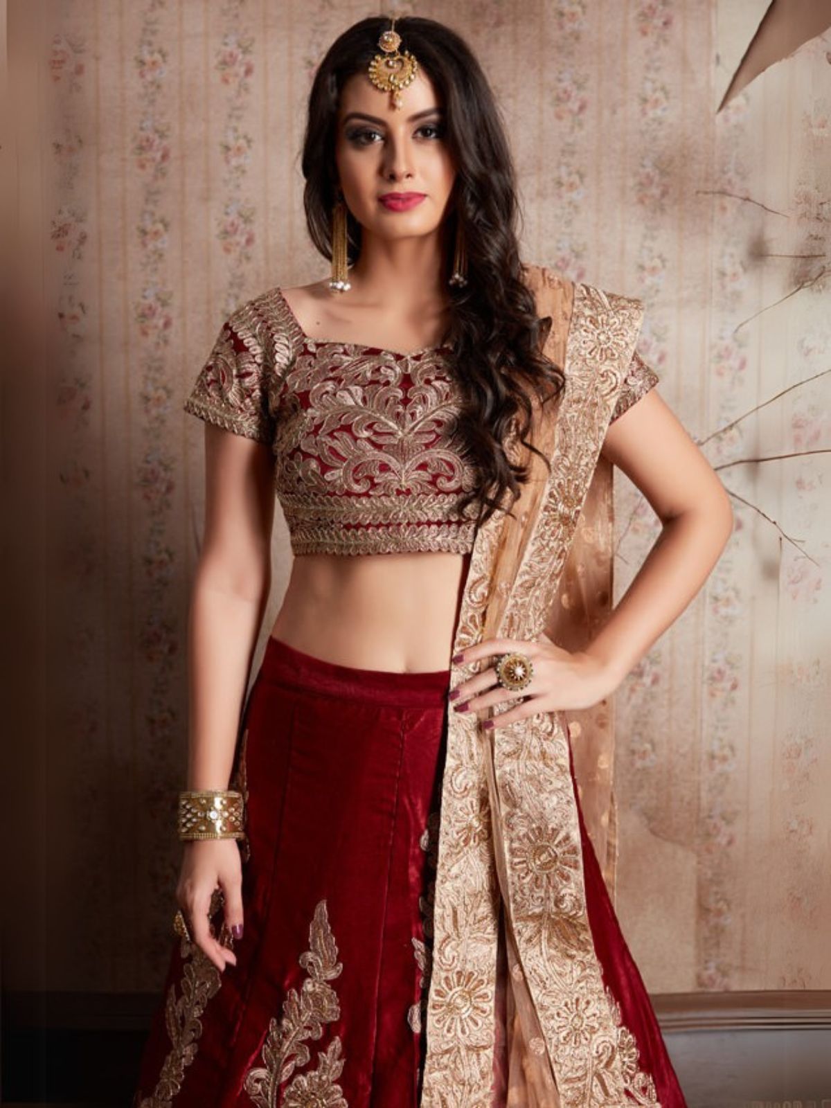 Odette Maroon Velvet Embroidered Semi-Stitched Lehenga With Unstitched Blouse For Women