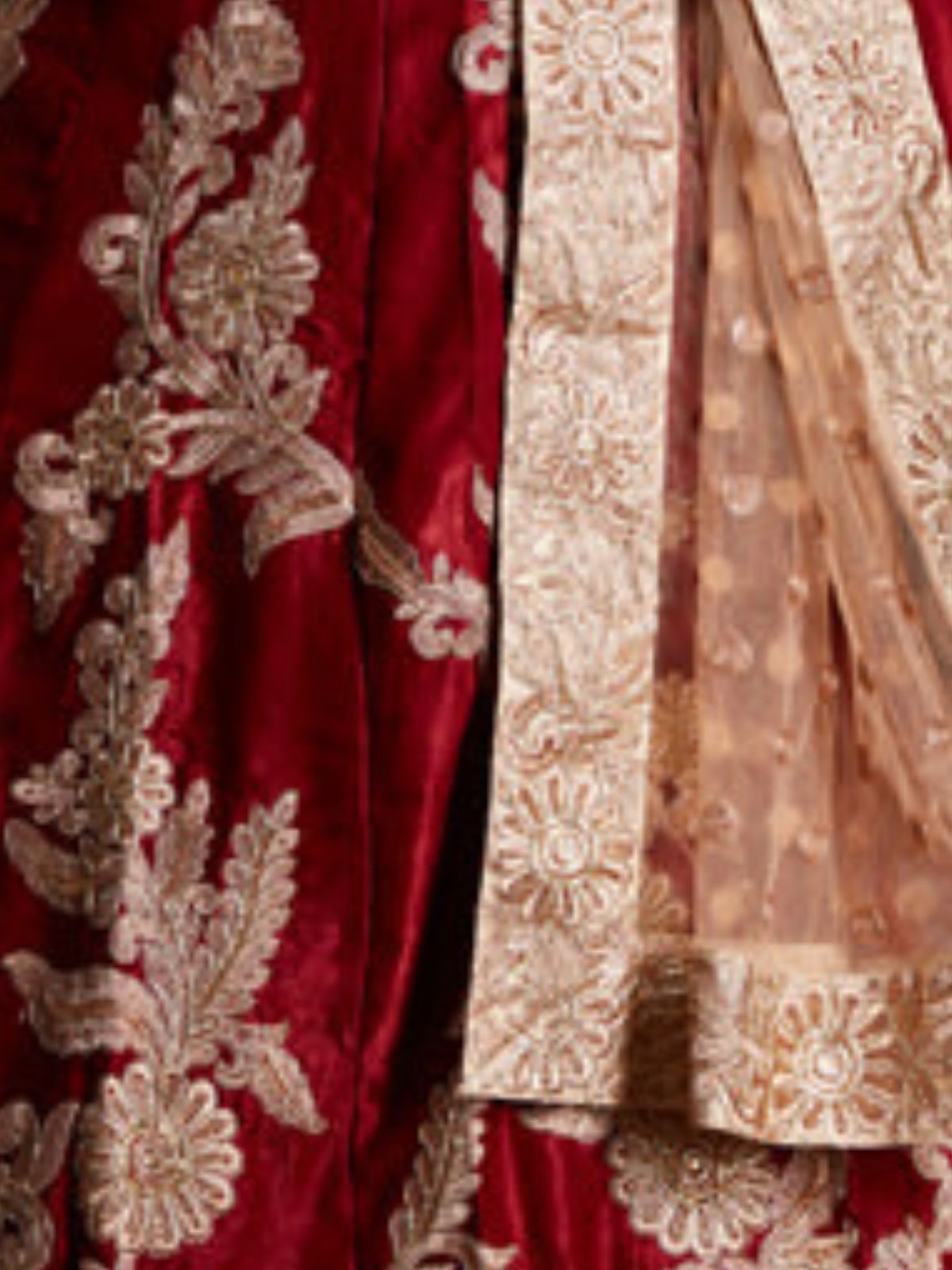 Odette Maroon Velvet Embroidered Semi-Stitched Lehenga With Unstitched Blouse For Women