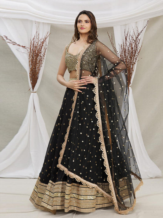 Odette Black And Gold Sequins Embroidered Semi Stitched Lehenga With Unstitched Blouse For Women