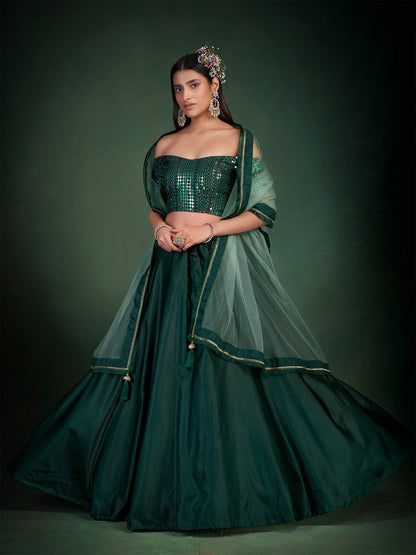 Odette Women Dark Green Embroidered Festive Semi Stitched Lehenga With Unstitched Blouse