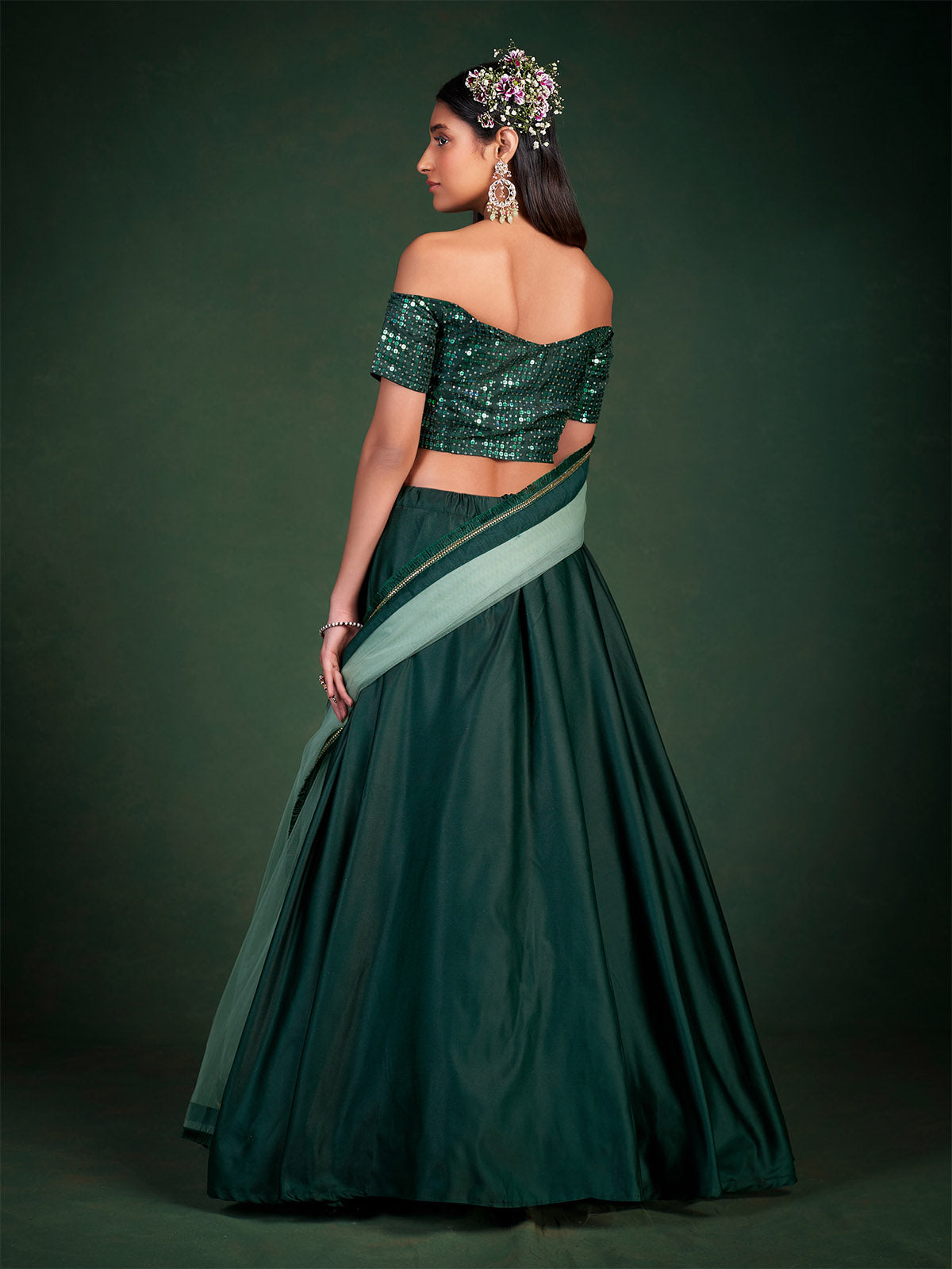 Odette Women Dark Green Embroidered Festive Semi Stitched Lehenga With Unstitched Blouse