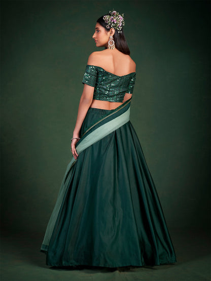 Odette Women Dark Green Embroidered Festive Semi Stitched Lehenga With Unstitched Blouse