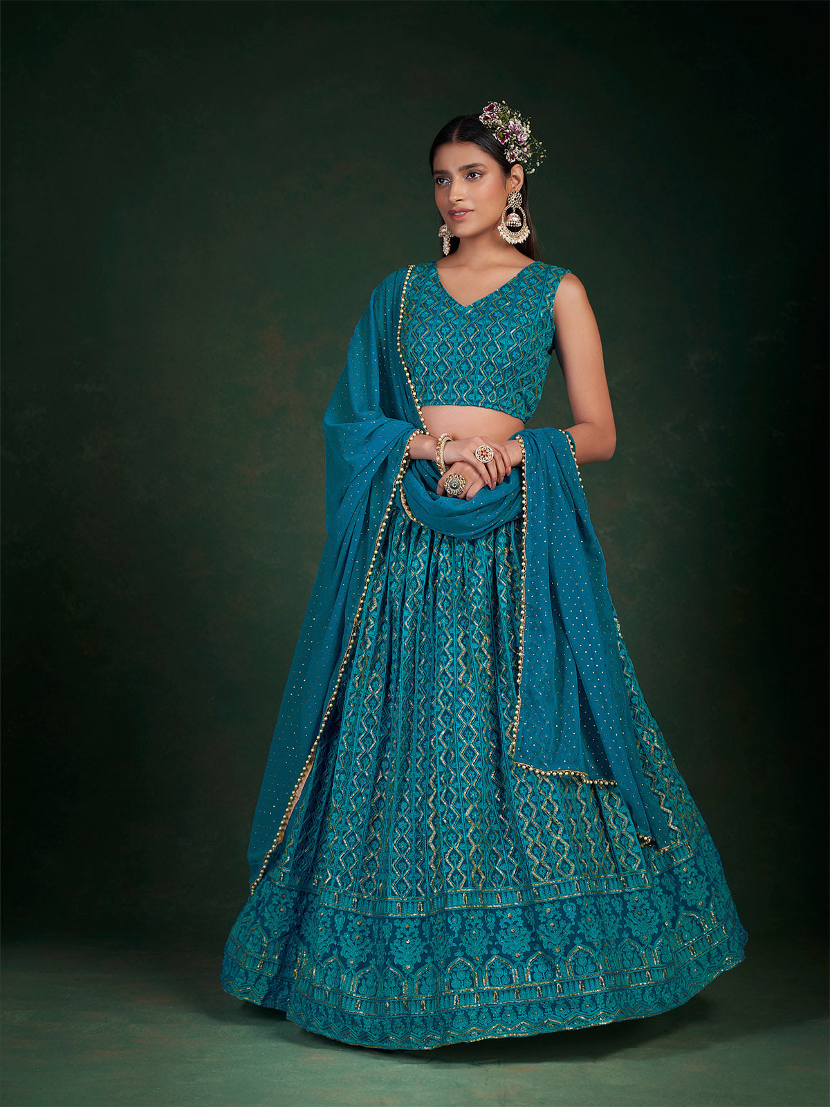 Odette Women Teal Embroidered Bridal Semi Stitched Lehenga With Unstitched Blouse