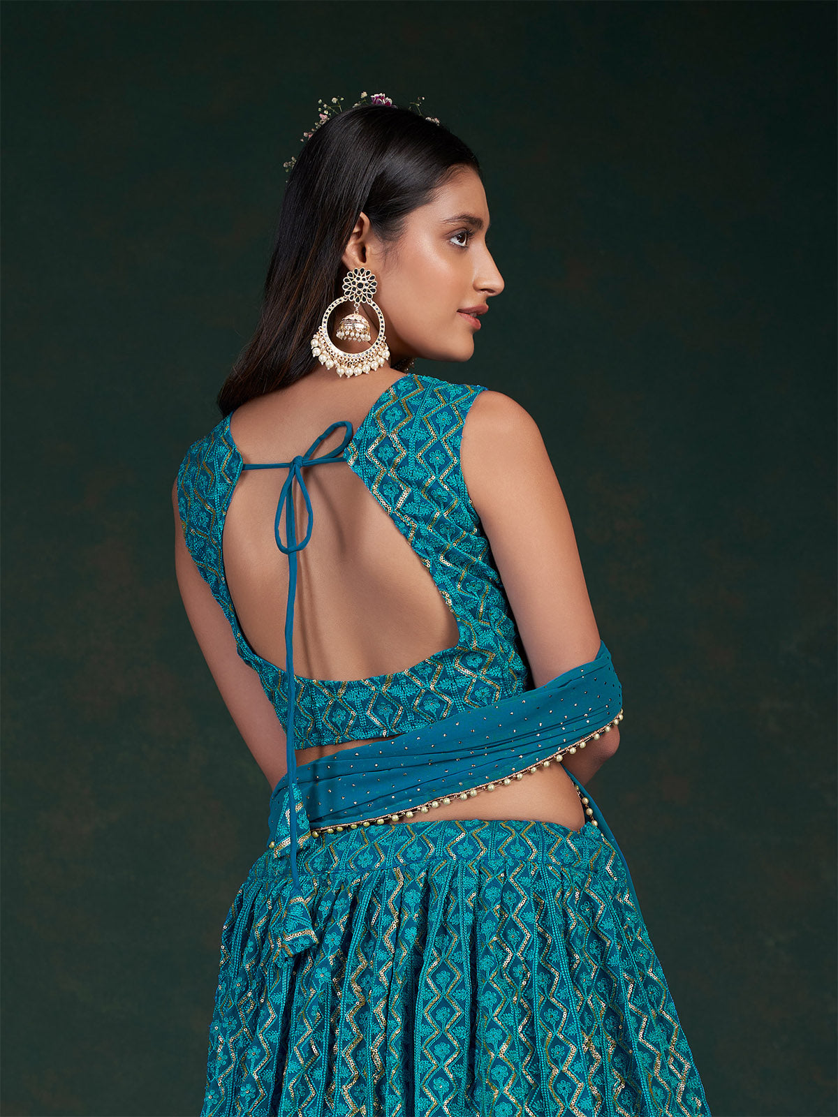 Odette Women Teal Embroidered Bridal Semi Stitched Lehenga With Unstitched Blouse
