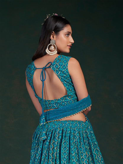 Odette Women Teal Embroidered Bridal Semi Stitched Lehenga With Unstitched Blouse