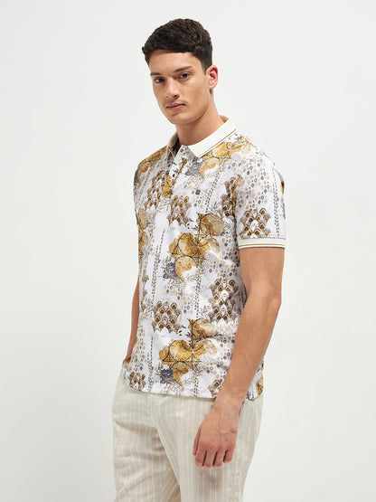 Beige Printed Polo T Shirt