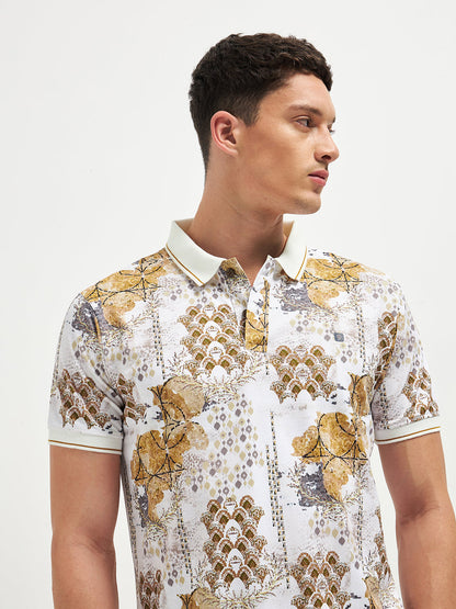 Beige Printed Polo T Shirt