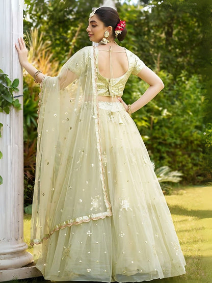 Odette Pista Green Net Embellished Semi-Stitched Lehenga For Women