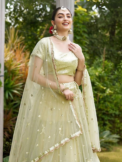 Odette Pista Green Net Embellished Semi-Stitched Lehenga For Women