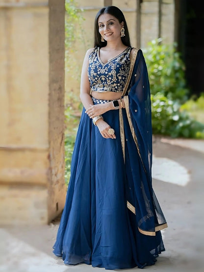 Odette Blue Georgette Embroidered Semi-Stitched lehenga For Women