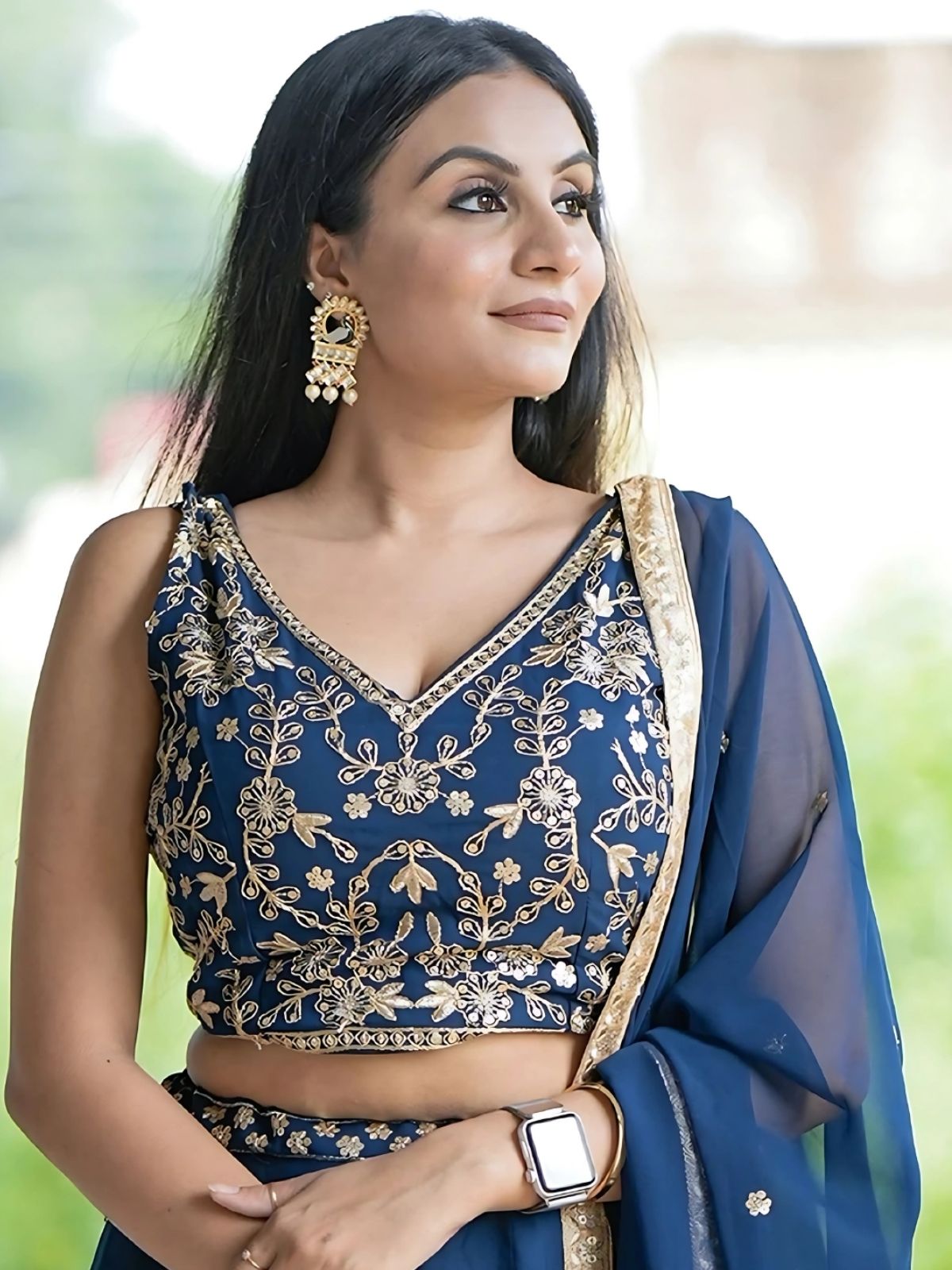 Odette Blue Georgette Embroidered Semi-Stitched lehenga For Women