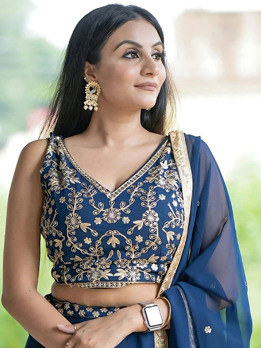 Odette Blue Georgette Embroidered Semi-Stitched lehenga For Women