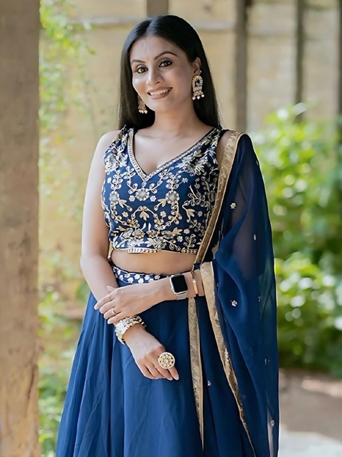 Odette Blue Georgette Embroidered Semi-Stitched lehenga For Women