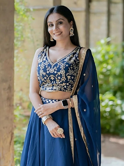 Odette Blue Georgette Embroidered Semi-Stitched lehenga For Women