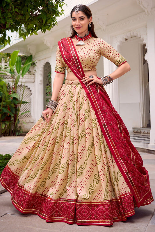 Off White Flared Tussar Silk Printed Chaniya Choli