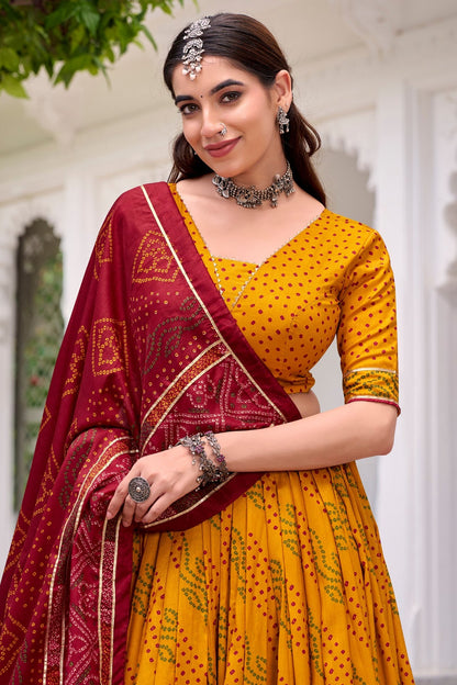 Yellow Flared Tussar Silk Printed Chaniya Choli