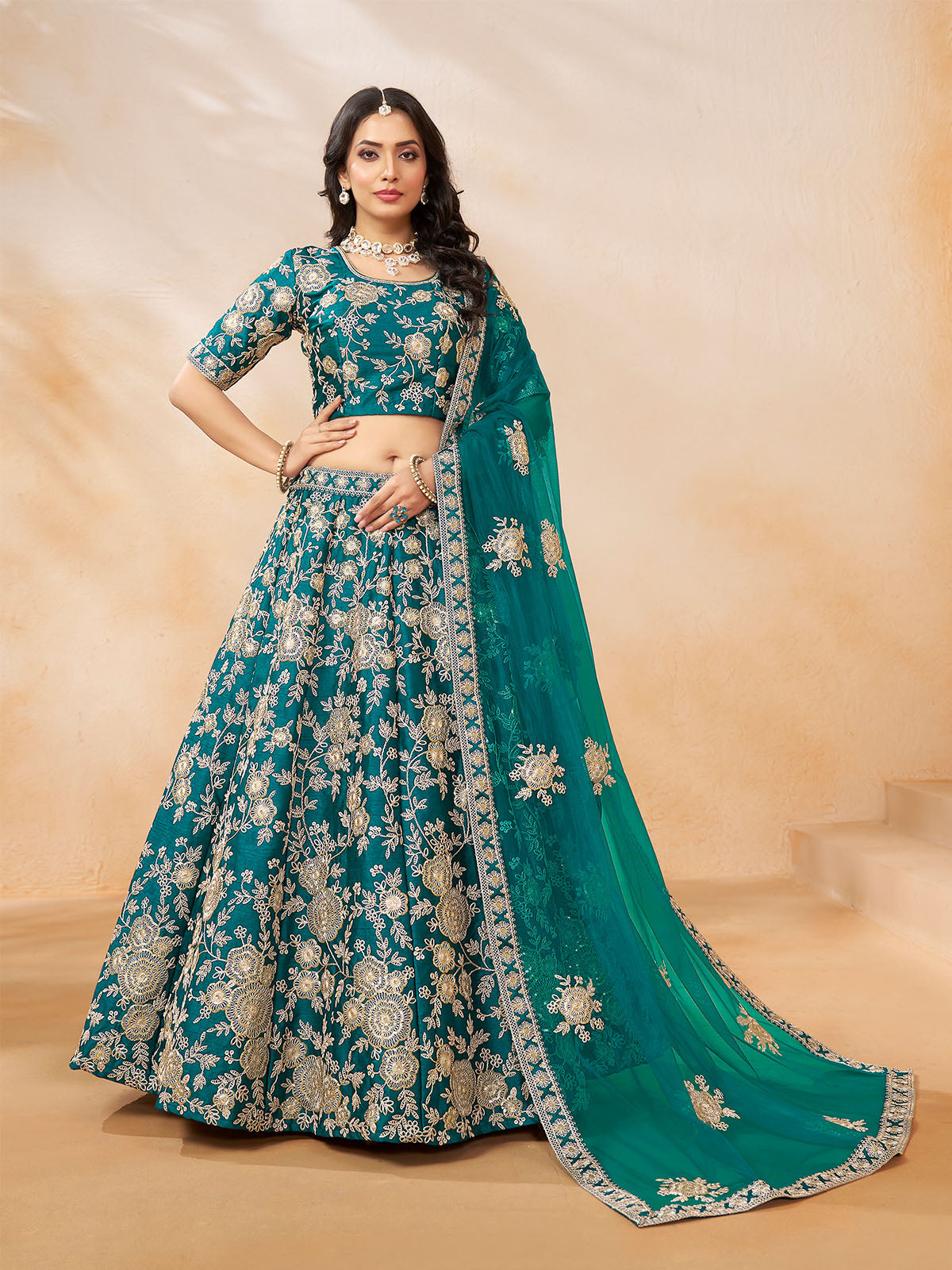Odette Teal Embroidered Art Silk Semi Stitched Lehenga With Unstitched Blouse For Women