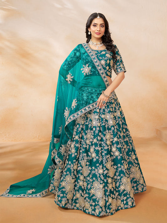 Odette Teal Embroidered Art Silk Semi Stitched Lehenga With Unstitched Blouse For Women