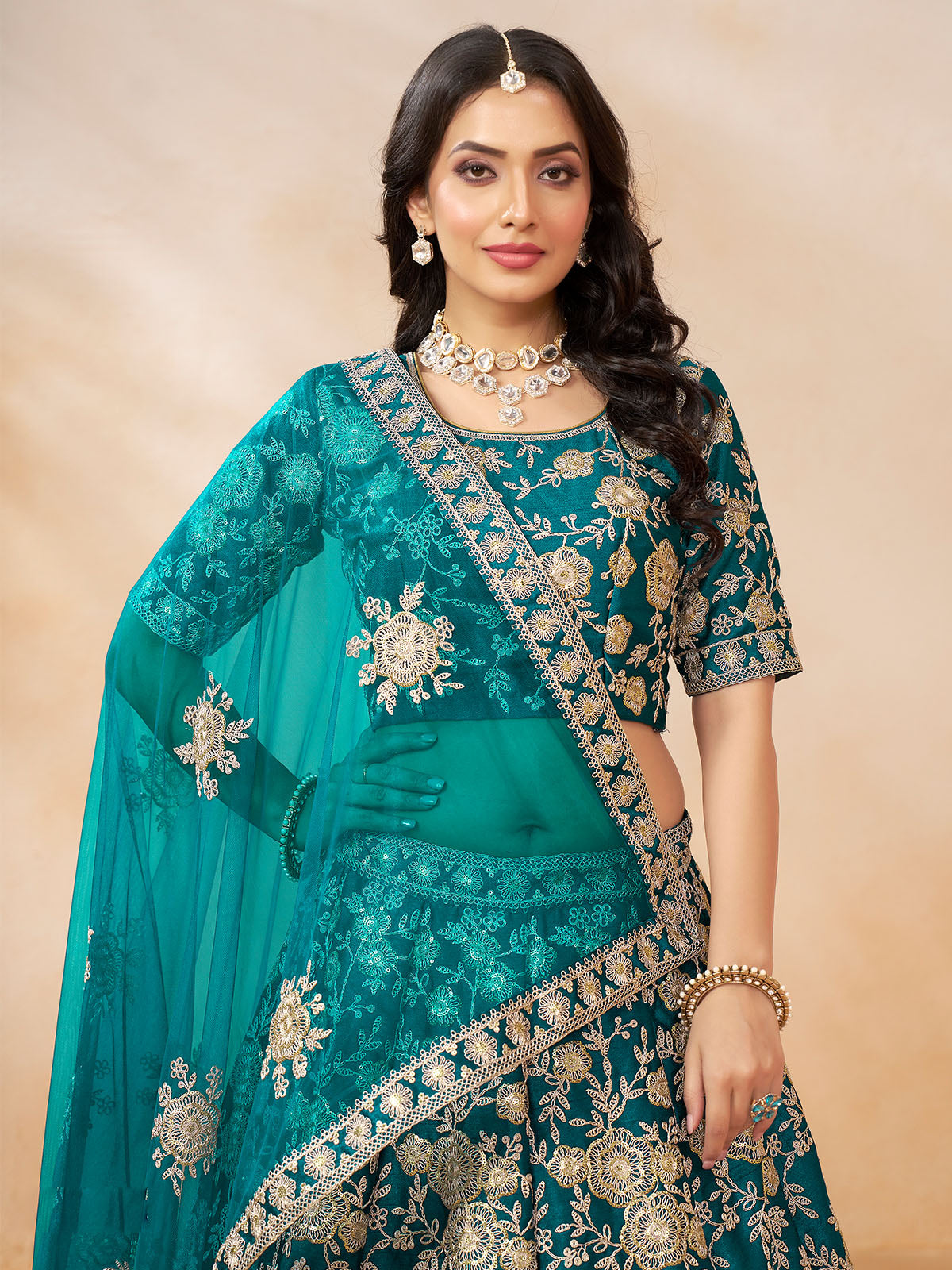 Odette Teal Embroidered Art Silk Semi Stitched Lehenga With Unstitched Blouse For Women