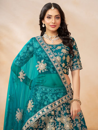 Odette Teal Embroidered Art Silk Semi Stitched Lehenga With Unstitched Blouse For Women