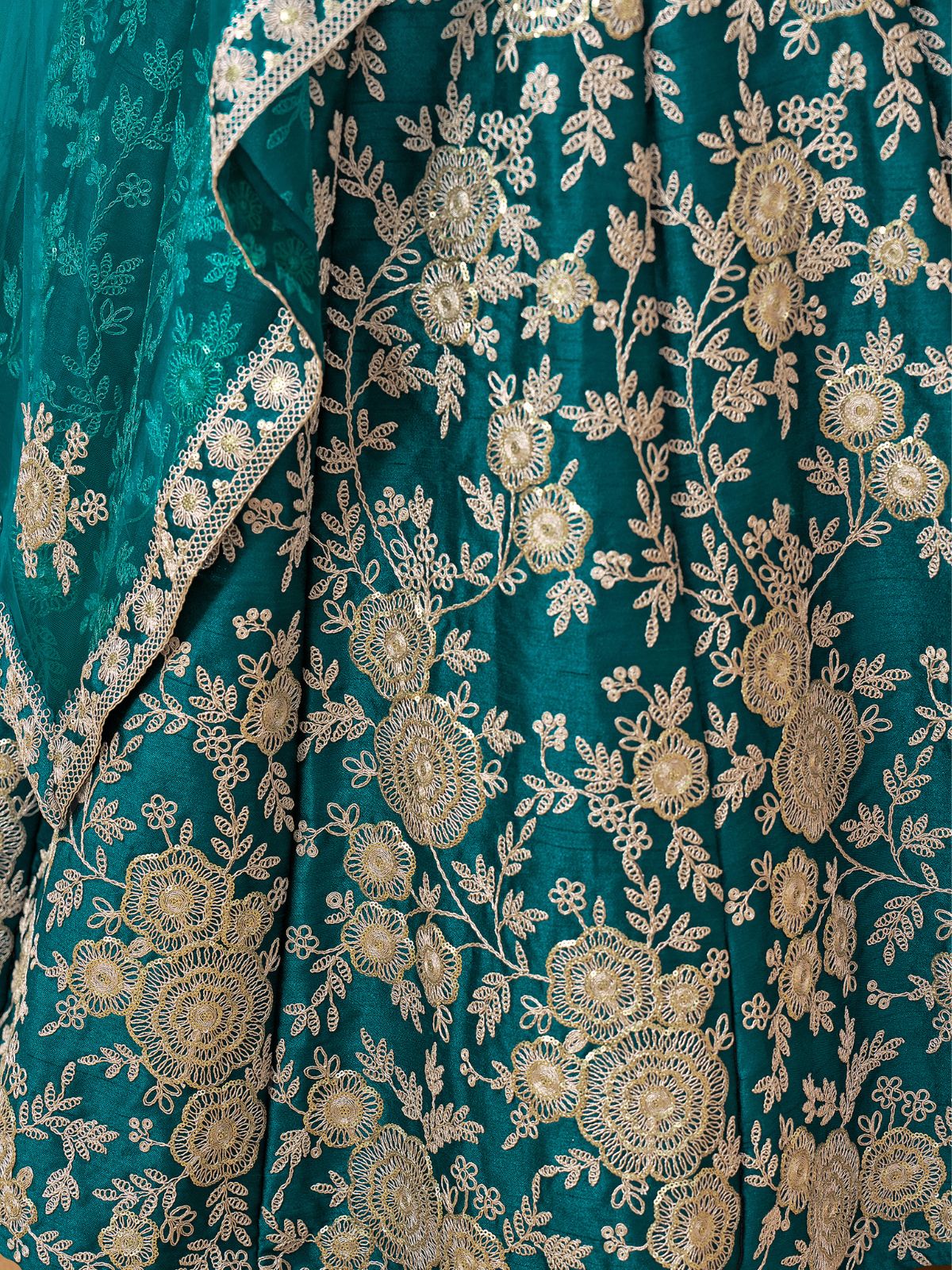 Odette Teal Embroidered Art Silk Semi Stitched Lehenga With Unstitched Blouse For Women