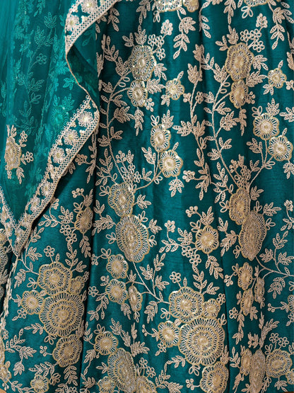 Odette Teal Embroidered Art Silk Semi Stitched Lehenga With Unstitched Blouse For Women