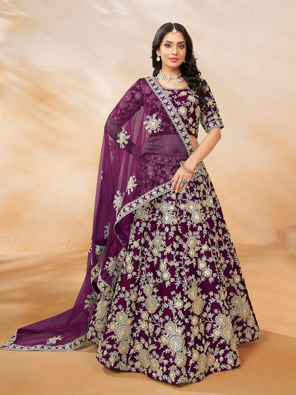Odette Wine Embroidered Art Silk Semi Stitched Lehenga With Unstitched Blouse For Women