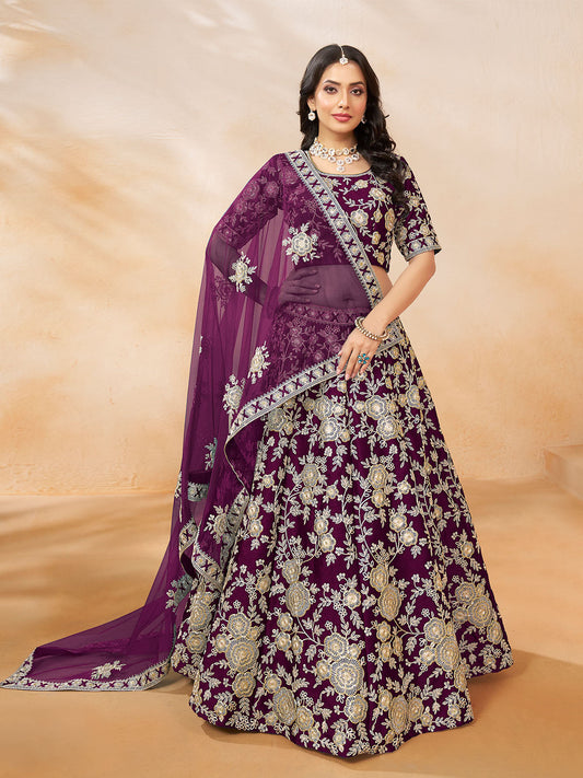 Odette Wine Embroidered Art Silk Semi Stitched Lehenga With Unstitched Blouse For Women