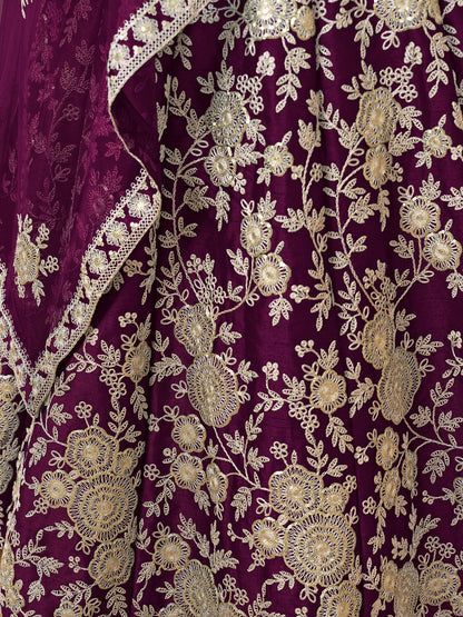 Odette Wine Embroidered Art Silk Semi Stitched Lehenga With Unstitched Blouse For Women