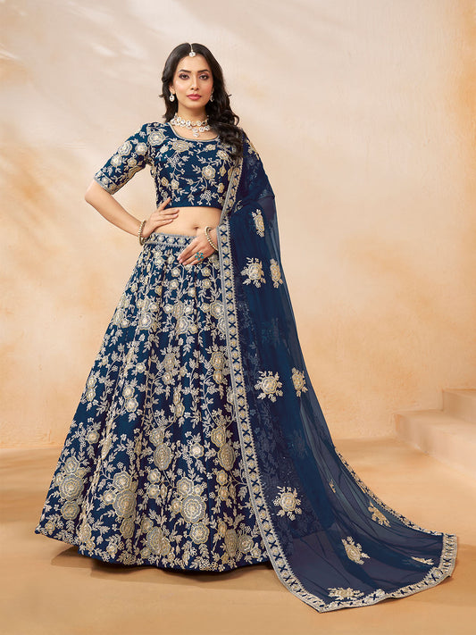 Odette Navy Blue Embroidered Art Silk Semi Stitched Lehenga With Unstitched Blouse For Women