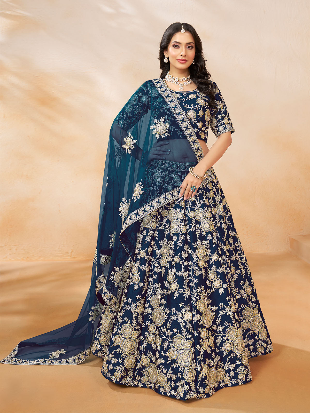 Odette Navy Blue Embroidered Art Silk Semi Stitched Lehenga With Unstitched Blouse For Women