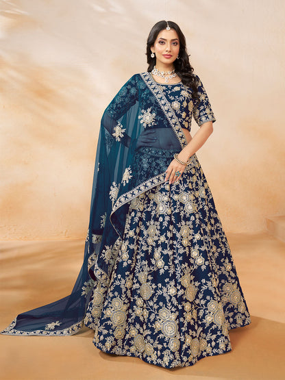 Odette Navy Blue Embroidered Art Silk Semi Stitched Lehenga With Unstitched Blouse For Women