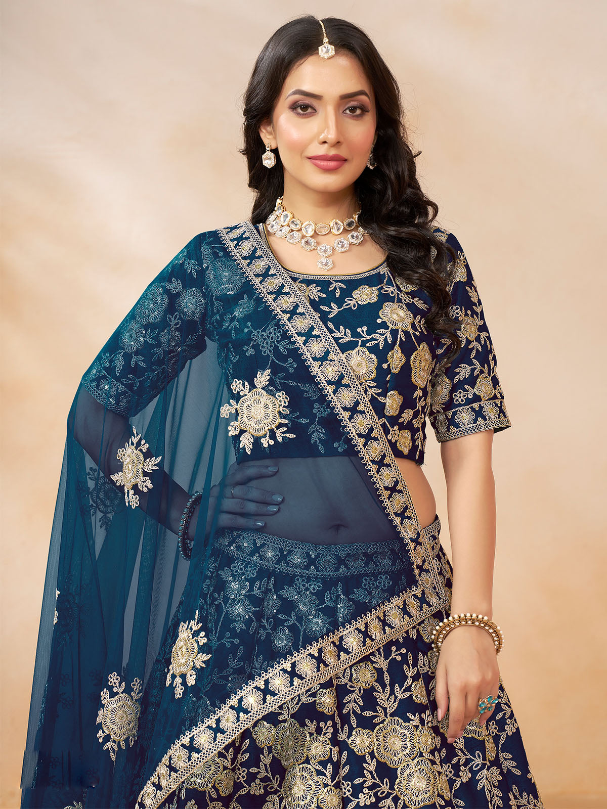 Odette Navy Blue Embroidered Art Silk Semi Stitched Lehenga With Unstitched Blouse For Women