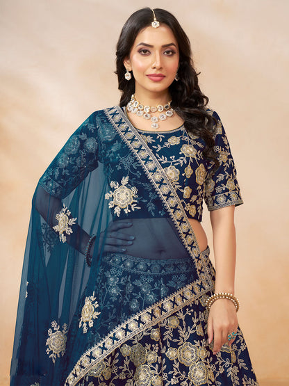 Odette Navy Blue Embroidered Art Silk Semi Stitched Lehenga With Unstitched Blouse For Women