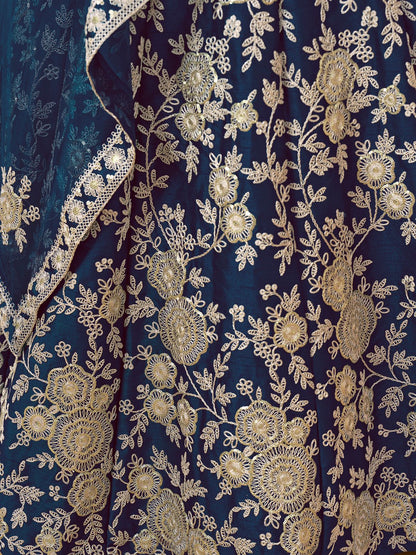 Odette Navy Blue Embroidered Art Silk Semi Stitched Lehenga With Unstitched Blouse For Women