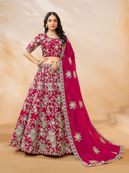 Odette Pink Embroidered Art Silk Semi Stitched Lehenga With Unstitched Blouse For Women