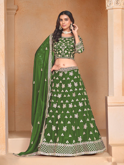 Odette Green Embroidered Organza Semi Stitched Lehenga With Unstitched Blouse For Women