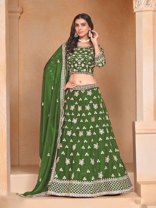 Odette Green Embroidered Organza Semi Stitched Lehenga With Unstitched Blouse For Women