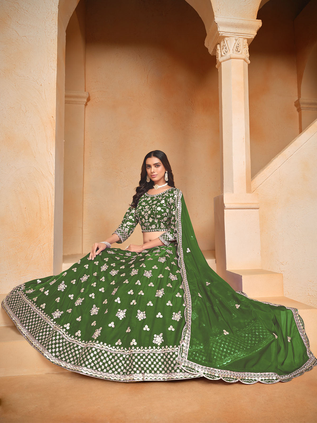 Odette Green Embroidered Organza Semi Stitched Lehenga With Unstitched Blouse For Women