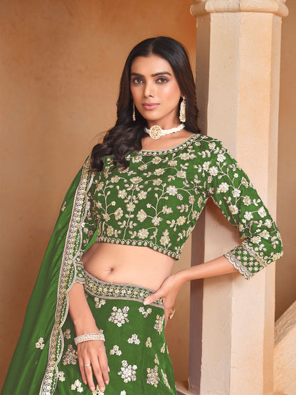 Odette Green Embroidered Organza Semi Stitched Lehenga With Unstitched Blouse For Women