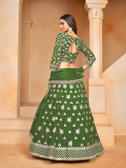 Odette Green Embroidered Organza Semi Stitched Lehenga With Unstitched Blouse For Women