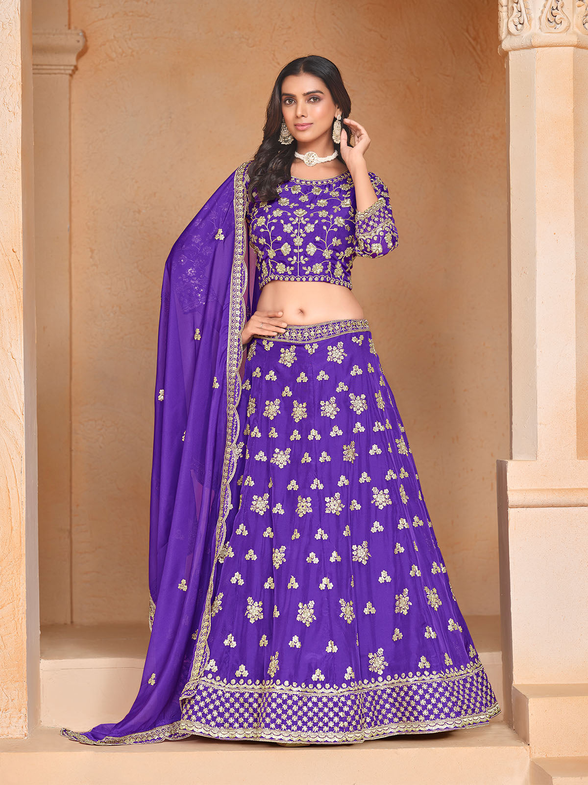 Odette Purple Embroidered Organza Semi Stitched Lehenga With Unstitched Blouse For Women