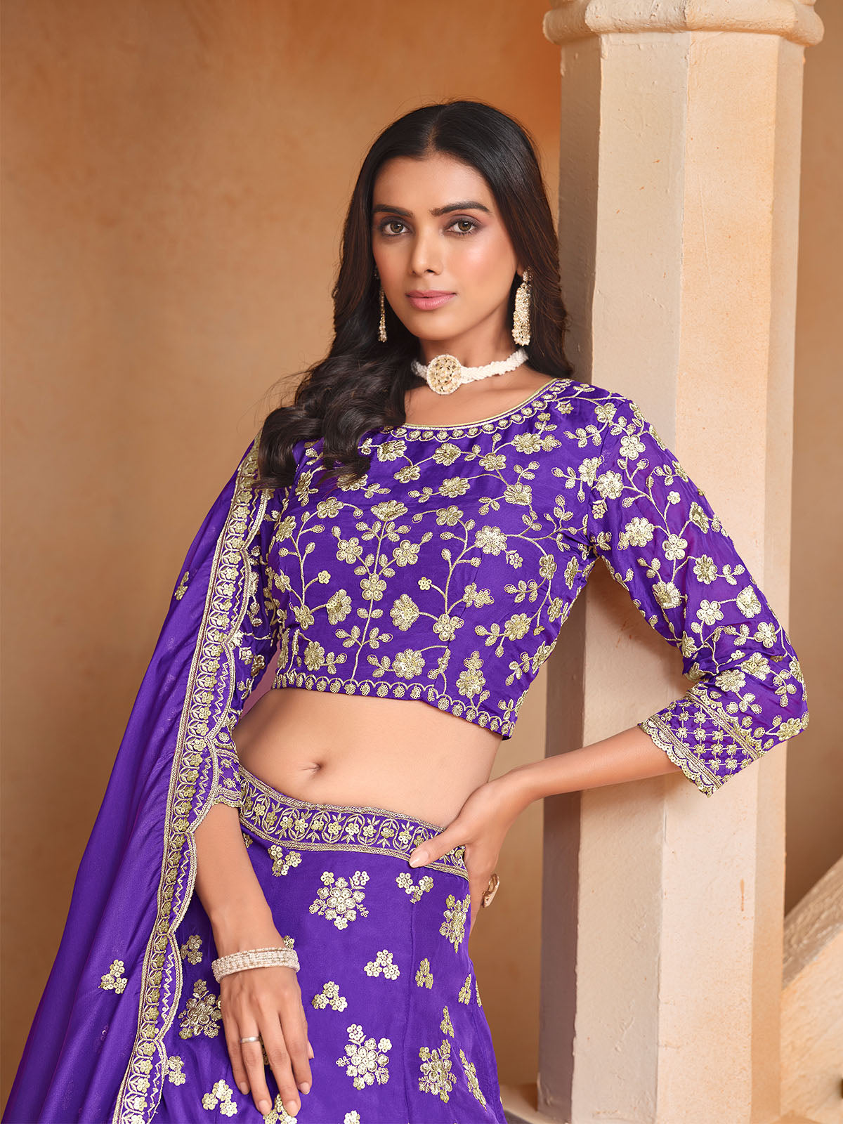 Odette Purple Embroidered Organza Semi Stitched Lehenga With Unstitched Blouse For Women