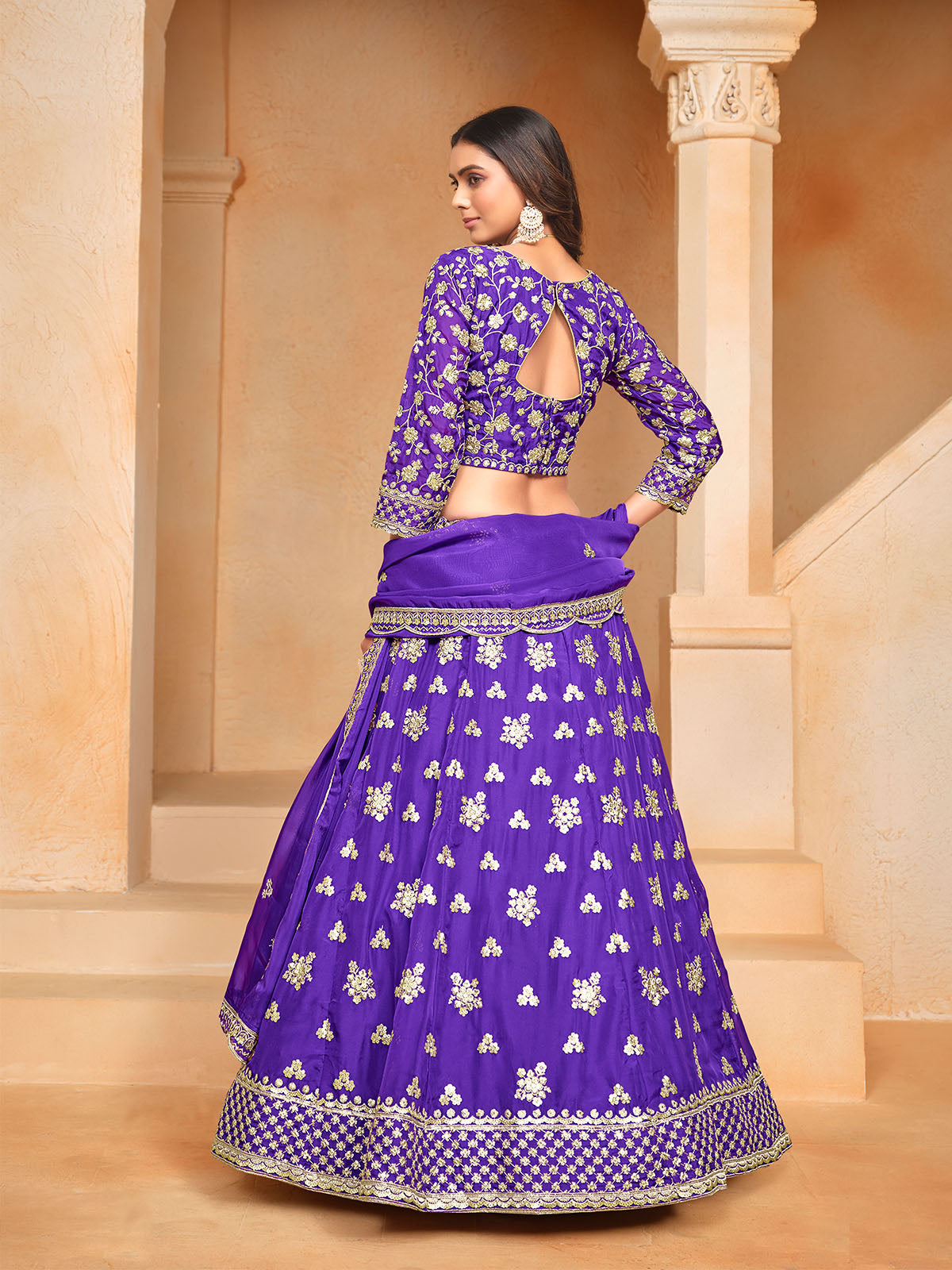 Odette Purple Embroidered Organza Semi Stitched Lehenga With Unstitched Blouse For Women