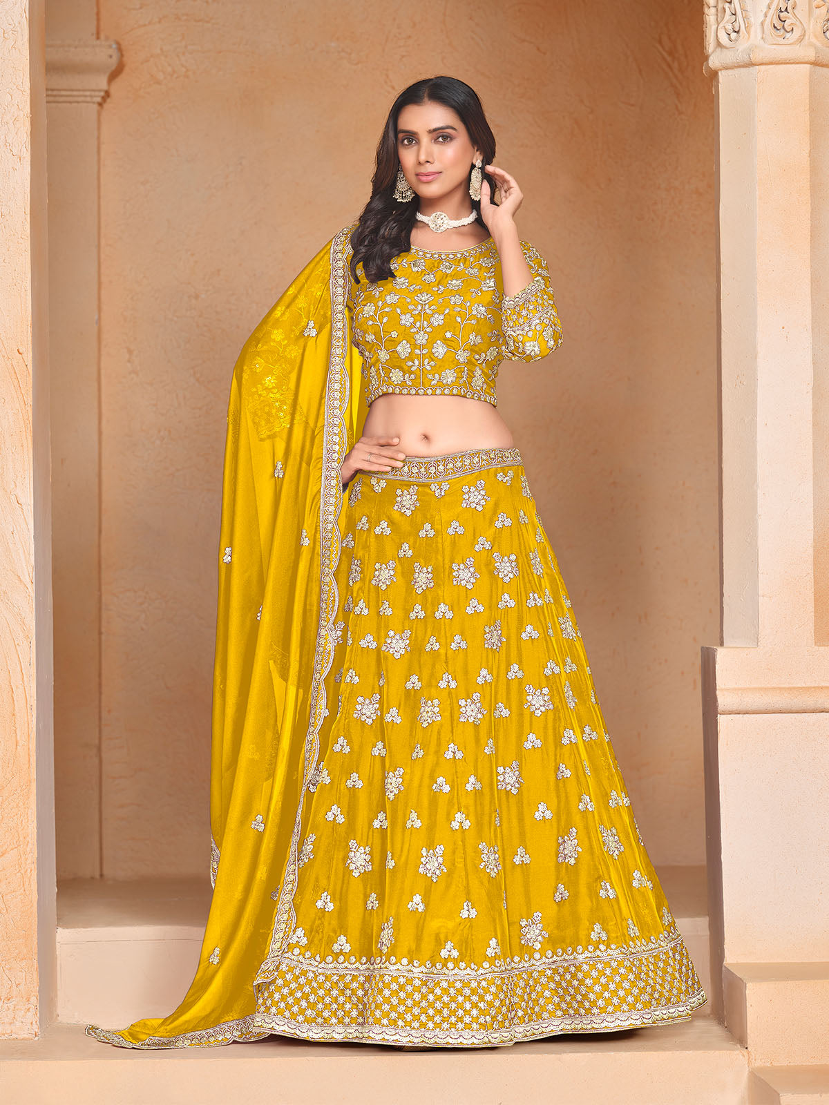 Odette Yellow Embroidered Organza Semi Stitched Lehenga With Unstitched Blouse For Women